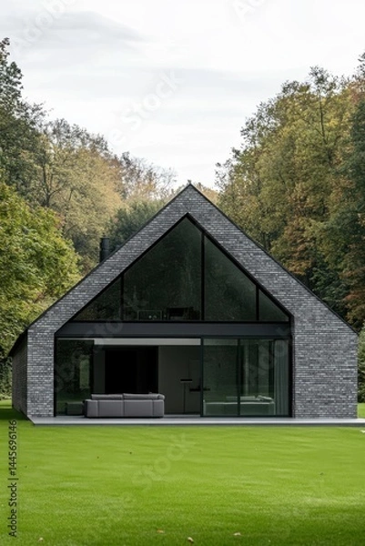 Fototapeta Modern architectural design with large glass elements set against a vibrant forest backdrop in a serene natural environment