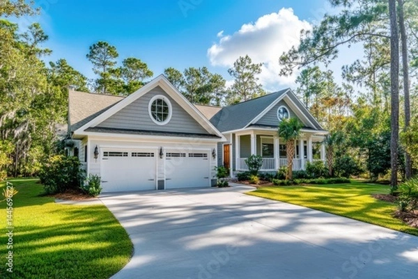 Obraz A stunning suburban home, nestled among vibrant, lush trees, is situated in a peaceful neighborhood, basking in the warmth of a sunny day