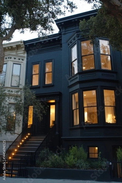 Obraz An elegant black Victorian house stands gracefully on a tranquil street, its warm yellow lights glowing invitingly from the windows during the enchanting twilight hours