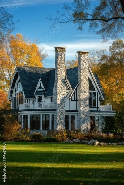 Obraz Beautiful autumn setting featuring a grand house with stone chimneys surrounded by vibrant fall foliage and a clear blue sky in an idyllic neighborhood