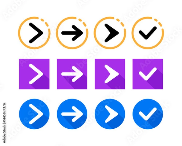 Fototapeta Flat Arrow Right Direction and Check Mark Icons Set – Circular, Square, and Rounded Styles