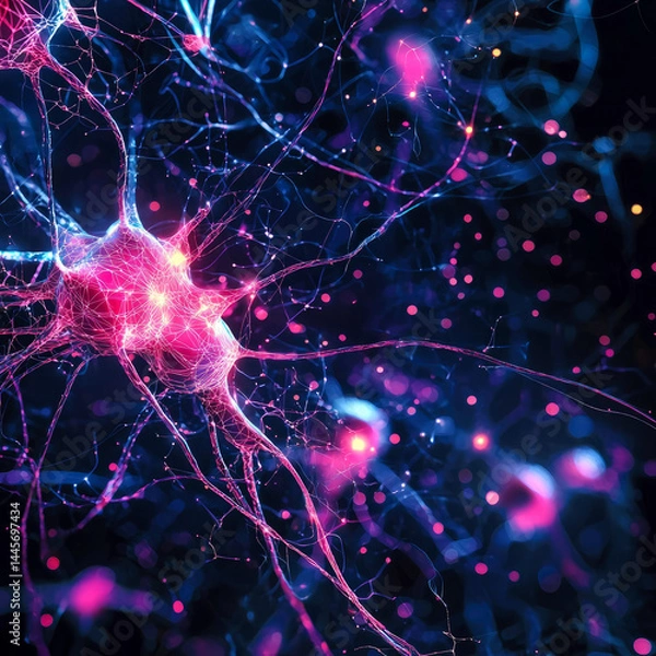 Fototapeta Highly detailed 3D medical background of a human neuron cell with dendrites and glowing synapses. Scientific concept of nervous system, brain function, and cellular biology.