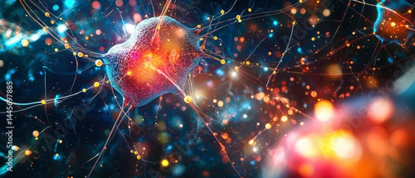 Fototapeta Highly detailed 3D medical background of a human neuron cell with dendrites and glowing synapses. Scientific concept of nervous system, brain function, and cellular biology.