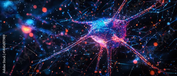 Fototapeta Highly detailed 3D medical background of a human neuron cell with dendrites and glowing synapses. Scientific concept of nervous system, brain function, and cellular biology.