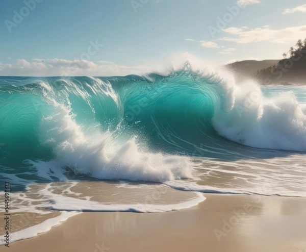 Obraz Rolling turquoise waves crash, whitecaps explode on pristine beach , dynamic, image
