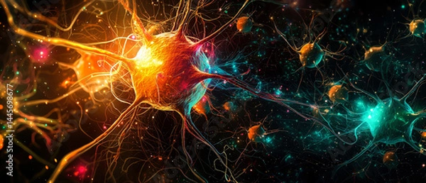 Fototapeta Highly detailed 3D medical background of a human neuron cell with dendrites and glowing synapses. Scientific concept of nervous system, brain function, and cellular biology.