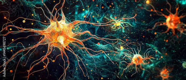 Fototapeta Highly detailed 3D medical background of a human neuron cell with dendrites and glowing synapses. Scientific concept of nervous system, brain function, and cellular biology.