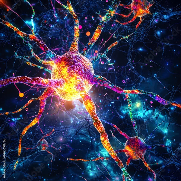 Fototapeta Highly detailed 3D medical background of a human neuron cell with dendrites and glowing synapses. Scientific concept of nervous system, brain function, and cellular biology.