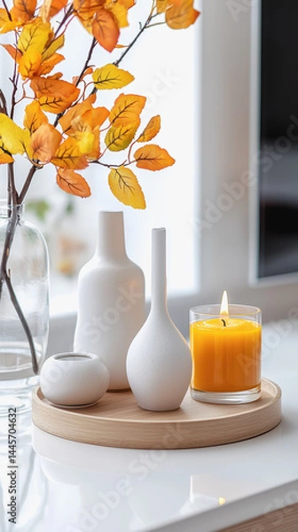 Fototapeta Charming vase and candle on a table creating a warm and inviting atmosphere for cozy evenings and relaxing moments