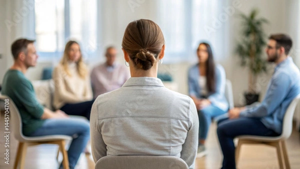 Obraz In a warm, inviting room, individuals engage in a group therapy session, sharing feelings and experiences. The supportive atmosphere encourages openness and connection among participants