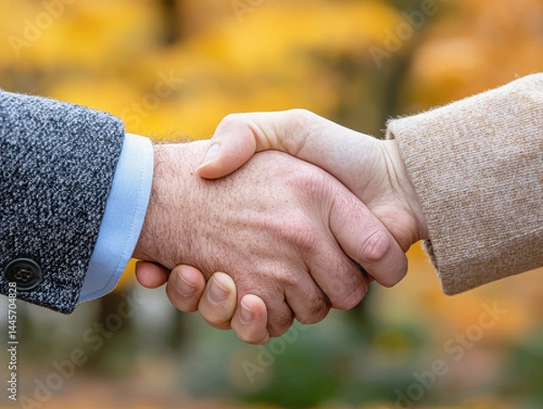 Obraz Professional business meeting with two people shaking hands signifying trust and cooperation in human relationships