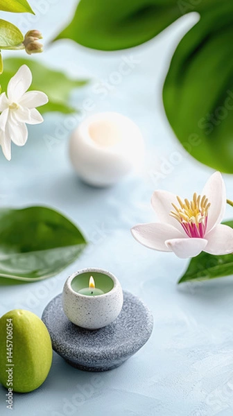 Obraz Peaceful candle and delicate flowers arranged together for a mindfulness journey in a serene setting