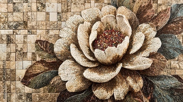 Fototapeta close-up of a mosaic stone wall with intricately arranged colored pebbles forming a floral or abstract pattern. The artistry highlights handcrafted detail and vibrant hues. Mosaic stone wall, 
