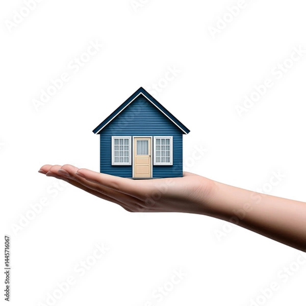 Fototapeta Hand holding small blue house with white window and yellow door isolated on white background emphasizing afable housing and home ownership concept