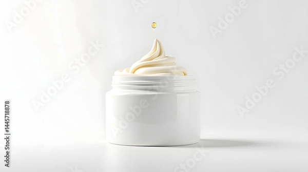 Fototapeta A close-up of a creamy moisturizer in a sleek jar, featuring a delicate swirl and a drop of liquid above.