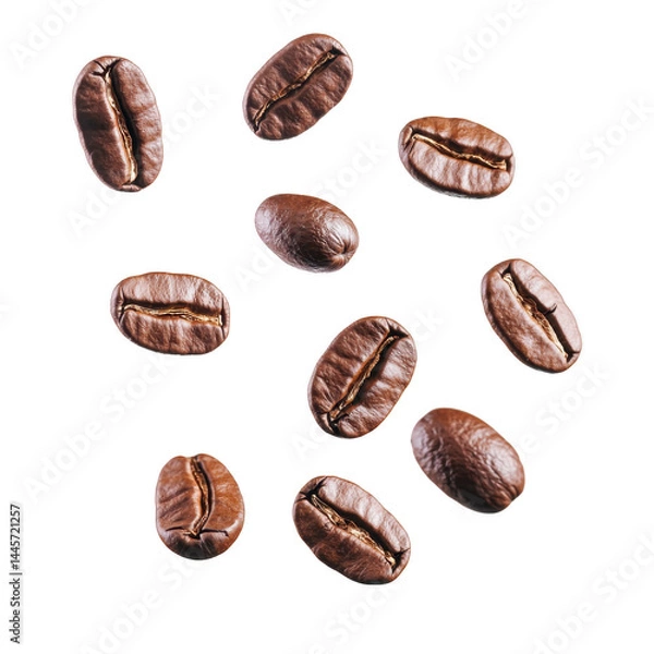 Fototapeta Roasted coffee beans scattered on transparency background, showcasing their rich brown color and glossy texture. arrangement highlights natural beauty and appeal of coffee