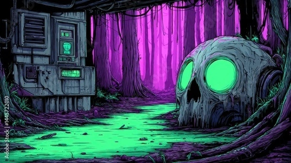 Fototapeta Dynamic pixel art of a giant skull with neon eyes lying in a forest, surrounded by glitch effects and vibrant neon colors, creating a surreal, atmospheric scene.