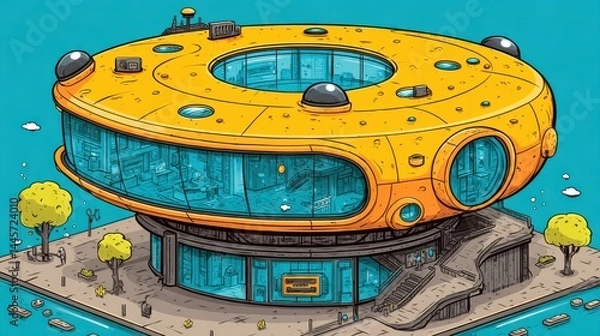 Fototapeta Unique circular building resembling a submarine, with large blue windows and yellow exterior, detailed interior visible, surrounded by trees and water.