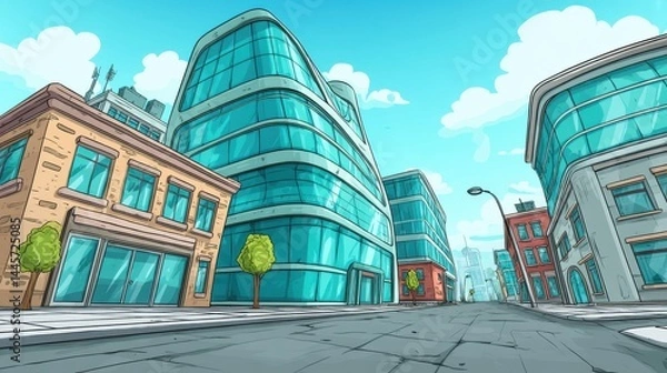 Fototapeta Modern cityscape blending classic and futuristic architecture with sleek glass buildings and clear blue sky, showcasing urban innovation and design.