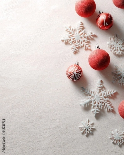 Fototapeta Christmas scene with red ornaments and white snowflakes on a light pink background. Festive holiday decorations creating a joyful atmosphere.