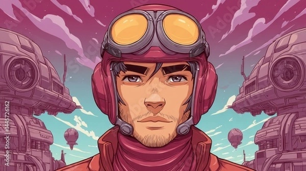 Fototapeta A cartoonish boy in a pilot helmet and goggles stands against a backdrop of cosmic structures, blending playful adventure with futuristic space exploration in a colorful, vibrant setting.