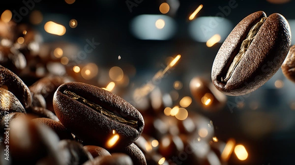 Fototapeta Roasted Coffee Beans in Motion: Close-up of roasted coffee beans suspended in mid-air with sparks of light, creating a dynamic and vibrant image.
