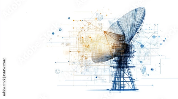 Obraz Satellite Dish and Technological Framework: A futuristic satellite dish is at the forefront, surrounded by an intricate network of lines, dots, and technological elements.