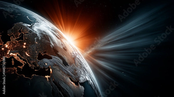 Fototapeta Sunrise Over Earth: A breathtaking view of planet Earth from space, illuminated by a vibrant sunrise, showcasing continents, oceans, and the beauty of our world.