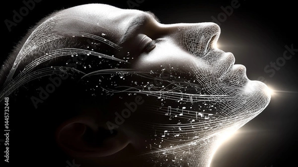Fototapeta Inner Serenity: A striking portrait captures a person in deep thought, with light and ethereal patterns swirling around their face, evoking a sense of calm and introspection.
