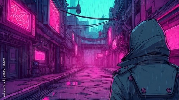 Fototapeta Cyberpunk alleyway with neon pink and teal lights, featuring a hooded figure in a dark coat, creating a moody urban sci-fi atmosphere.