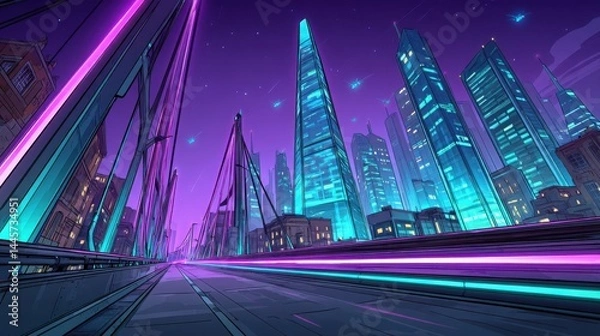 Obraz Futuristic cityscape at night with neon lights, glowing skyscrapers, and a modern bridge under a purple sky. Cyberpunk urban scene, vibrant colors, empty road, science fiction atmosphere.
