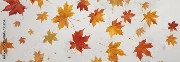 Obraz Several falling maple leaves in various stages of descent, showcasing rich autumn colors on a stark white background ,  clean,  motion