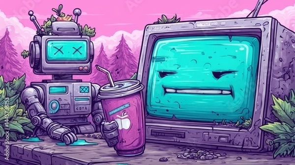 Fototapeta Retro robot and old TV with faces, sitting outdoors with a drink, vibrant neon colors, cartoon style, futuristic, whimsical, friendly, digital art, pink and blue palette.