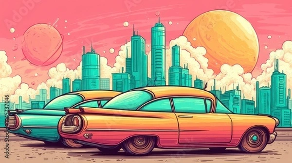 Fototapeta Retro futuristic cars parked in front of a vibrant neon cityscape with planets and clouds in the sky, colorful sci-fi illustration.