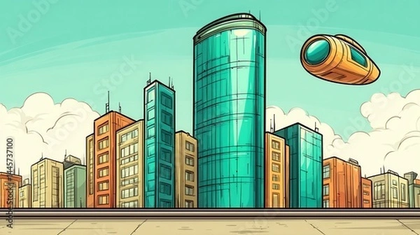 Fototapeta Futuristic city skyline with modern skyscrapers and a flying car in the sky, cartoon style, bright colors, sci-fi urban landscape.