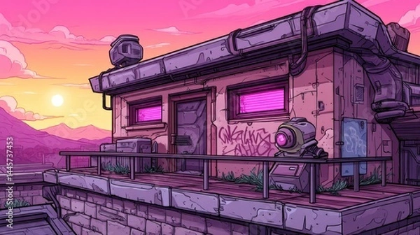 Fototapeta Futuristic cyberpunk building with neon pink windows, security camera, and graffiti at sunset. Sci-fi urban landscape, digital art, vibrant colors, dystopian city scene