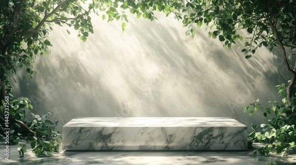 Obraz White Marble Podium in Sunlit Green Forest Setting