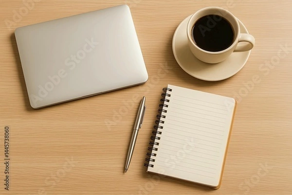 Fototapeta Modern workspace flat lay with a closed laptop, spiral notebook, pen, and coffee cup on a wooden desk. Perfect for productivity, planning, or remote work inspiration.