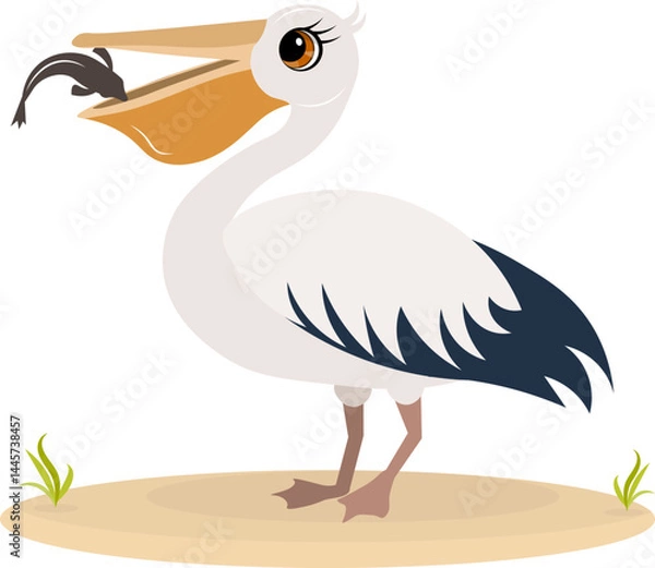 Obraz Cute zoo. Vector animals. The pelican eats fish. Vector collection of animals. Isolated