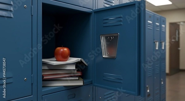 Fototapeta Red Apple sits atop Stack of Books inside Open Blue School Locker in Bright Hallway setting, conveying Knowledge, Achievement, and Education