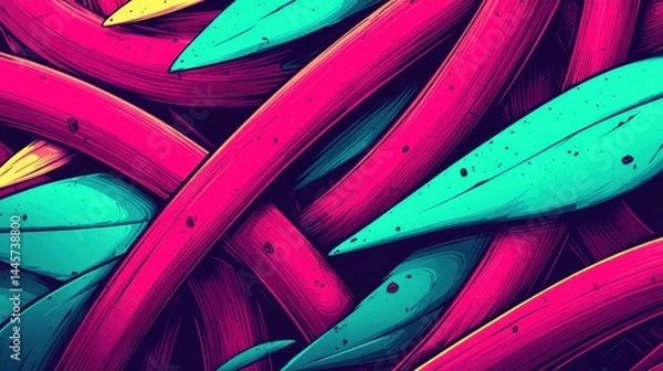 Fototapeta Abstract colorful background with vibrant pink lines and turquoise leaves, modern digital art, vivid fantasy pattern, perfect for creative design and wallpaper.
