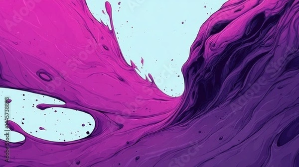Fototapeta Abstract purple liquid wave with smooth flowing lines and splashes on a light blue background. Modern digital art, vibrant colors, dynamic movement, suitable for creative design projects.