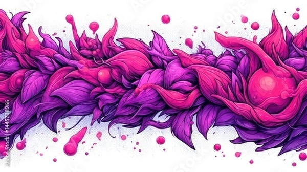 Fototapeta Vibrant abstract floral pattern with pink and purple leaves, fantasy nature background, modern digital art, dynamic organic shapes, decorative design for prints, wallpapers, and creative projects.