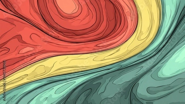 Fototapeta Abstract colorful wavy pattern with red, yellow, and teal flowing lines. Modern fluid texture, topographic style. Perfect for backgrounds, wallpapers, and creative design projects.