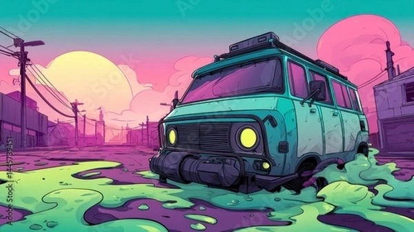 Fototapeta Colorful digital illustration of a vintage van submerged in vibrant, surreal slime with a dreamy sunset background, blending fantasy art and urban landscape for creative wallpaper or concept art.