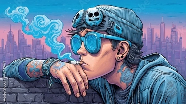 Fototapeta A cyberpunk-style woman smoking a cigarette on a rooftop with a city skyline in the background, wearing goggles and skull accessories, in vibrant neon colors.