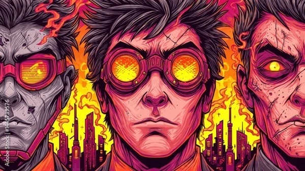 Fototapeta A vibrant, cyberpunk-style illustration featuring three futuristic characters with glowing goggles and intense expressions, set against a neon-lit cityscape background.