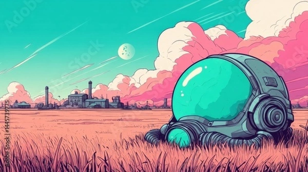 Fototapeta Futuristic landscape with a large astronaut helmet in a colorful field, distant factory buildings, pink clouds, and two moons in the sky. Sci-fi, surreal, and imaginative scenery.