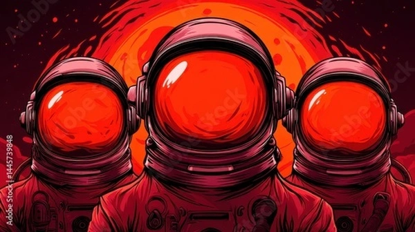 Fototapeta Three astronauts in red spacesuits stand against a glowing red planet background, cosmic sci-fi art, space exploration, futuristic adventure, vibrant digital illustration.