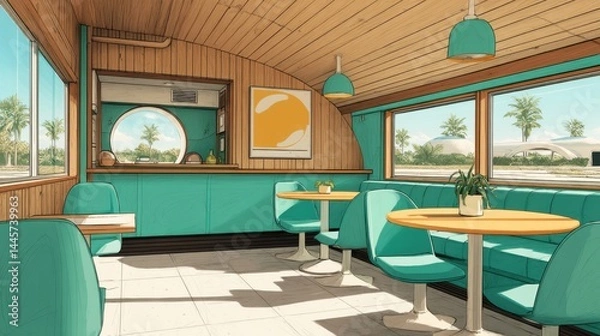 Fototapeta Retro diner interior with turquoise booths, round tables, large windows, palm trees outside, and bright sunlight. Cozy vintage cafe with mid-century modern design and wooden ceiling.
